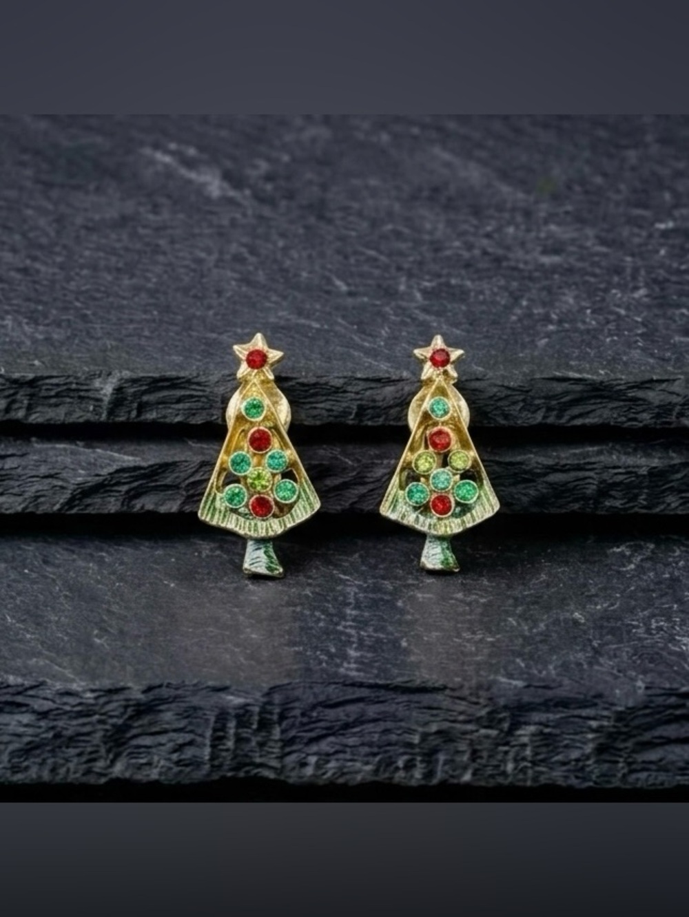 Vintage 80s Red Green Rhinestone Christmas Tree Enamel Gold Tone Clip Earrings